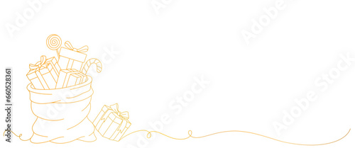 santa claus gift bag gold line art style. christmas vector