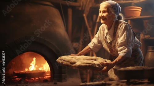 Grandmother bakes pies in a stone oven