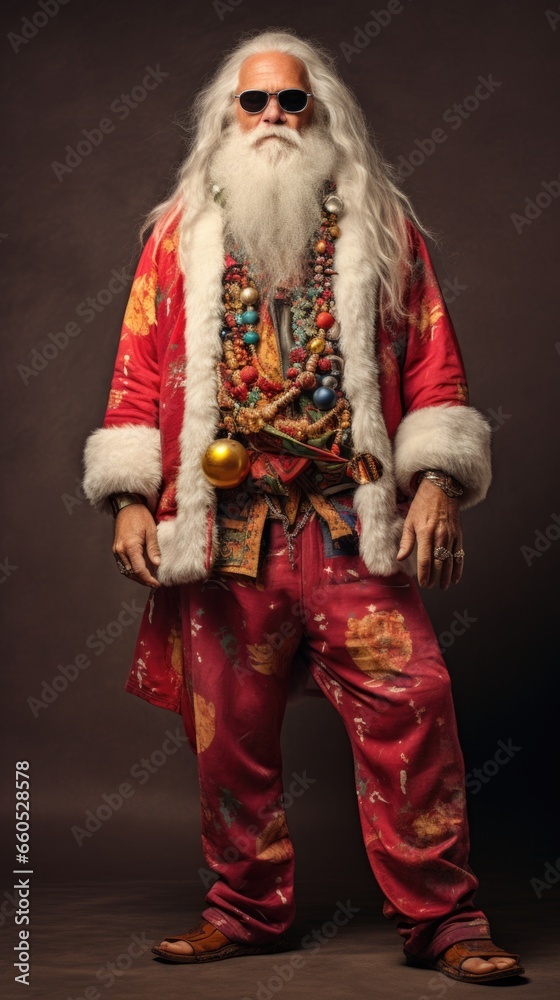 Senior man wearing santa claus costume, cool trendy hipster santa claus.