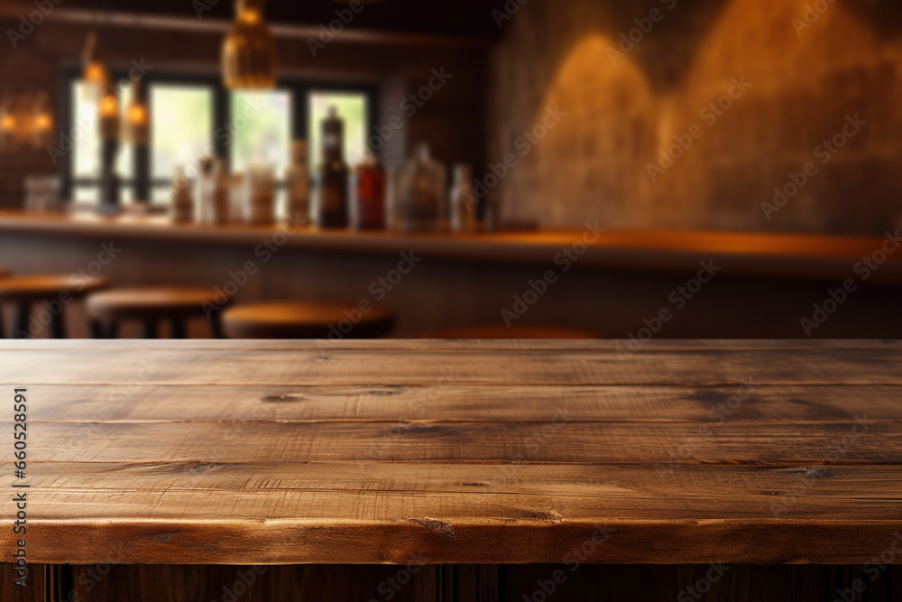 Pub bar counter with wooden table background Pub bar counter with wooden table background