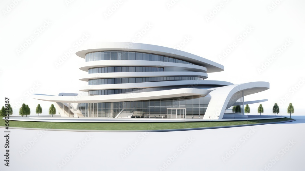 Futuristic white modern building with glass front created with Generative AI Futuristic white modern building with glass front created with Generative AI