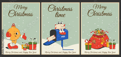 Retro cartoon set of Christmas and New Year cards: a mailbox with a letter from Santa, a red bag of gifts and sweets, a Christmas ball. Trendy vintage vector illustration.