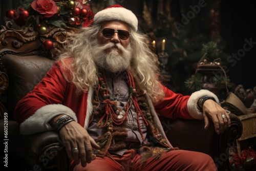 Santa claus sitting on cchair looking at camera trendy hipster santa claus.