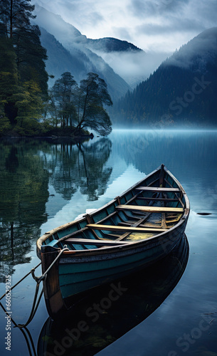 calm landscape, empty wooden boat on a foggy lake