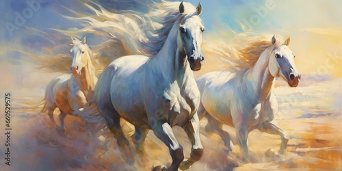 Silver Horses Galloping in the Desert Sand