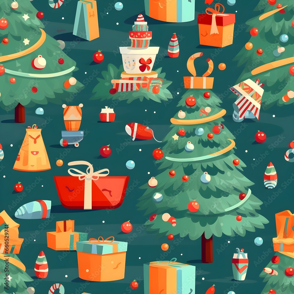 Seamless pattern with Christmas tree workshop full of toys, presents, and holiday decorations.