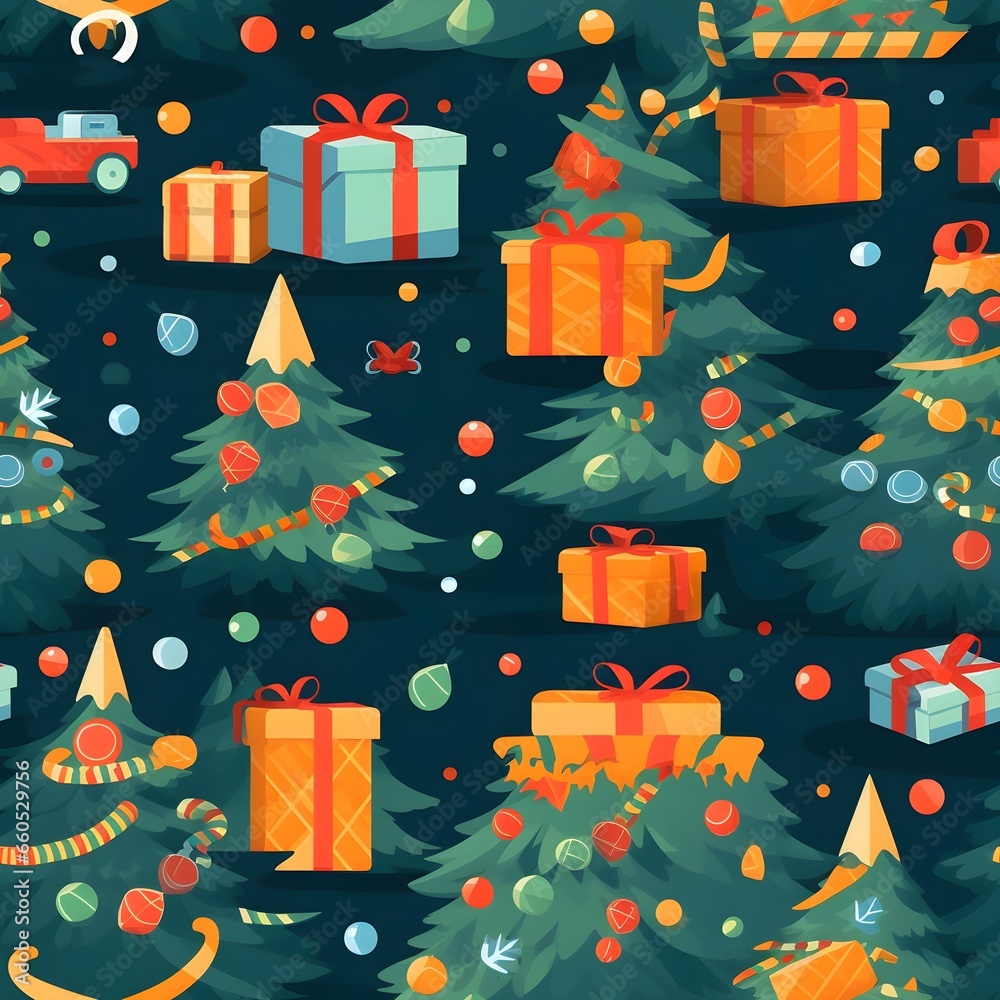 Seamless pattern with Christmas tree workshop full of toys, presents, and holiday decorations.