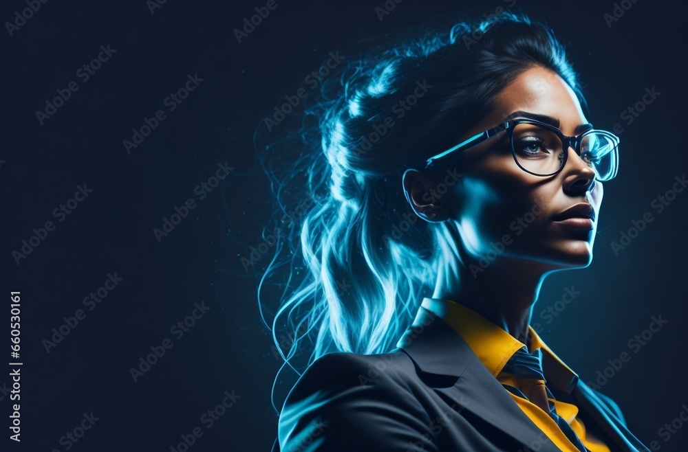 futuristic portrait of an intellectual business woman with spacs in neon light on a dark blue background. entrepreneur. future woman. future modern girl.