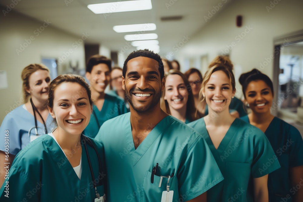a group of smiling medical workers standing in hospital corridor a group of smiling medical workers standing in hospital corridor