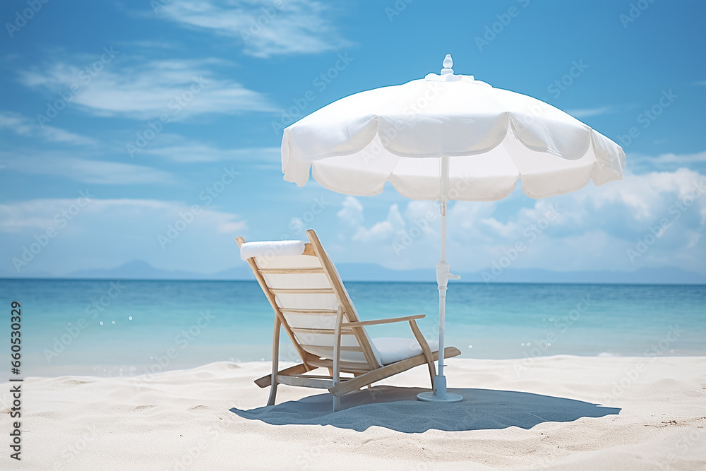 The picture of a white beach umbrella and comfort outdoor lay chair placed on soft white sand at the beach  under blue sky and sun shines, Generative AI.
