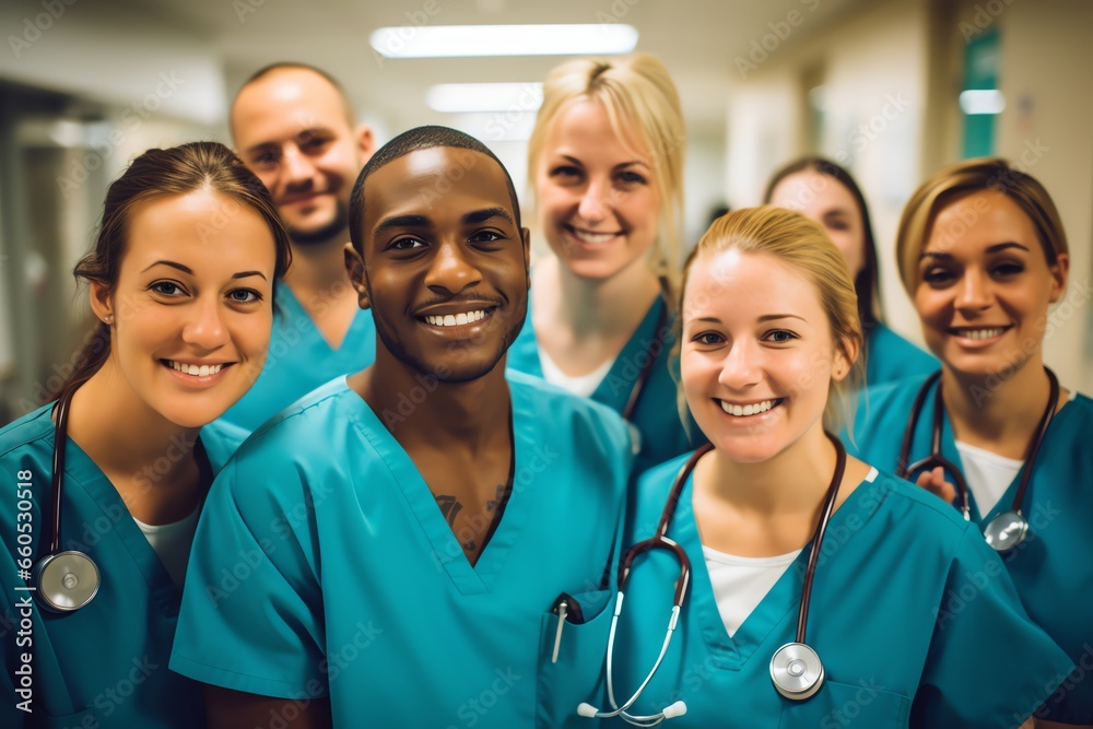 a group of smiling medical workers standing in hospital corridor a group of smiling medical workers standing in hospital corridor