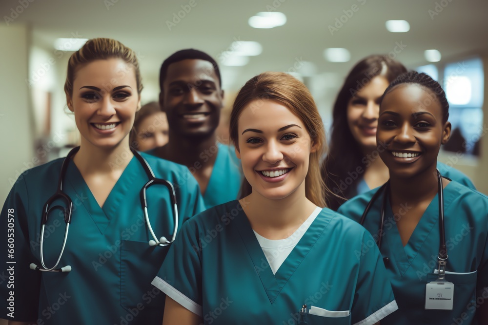 a group of smiling medical workers standing in hospital corridor a group of smiling medical workers standing in hospital corridor