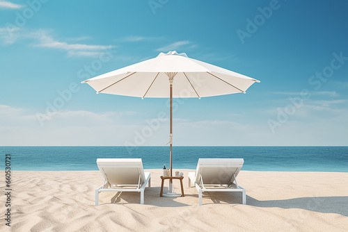 The picture of a white beach umbrella and comfort outdoor lay chair placed on soft white sand at the beach  under blue sky and sun shines  Generative AI.