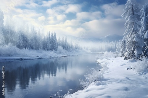 A snowy winter landscape. Generative AI © Anais