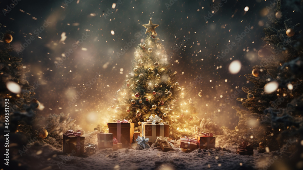 Magischer Weihnachtsbaum mit Geschenken im Schnee