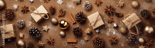 Weihnachten Header mit Geschenke und Weihnachtsdeko in braunen Farben photo