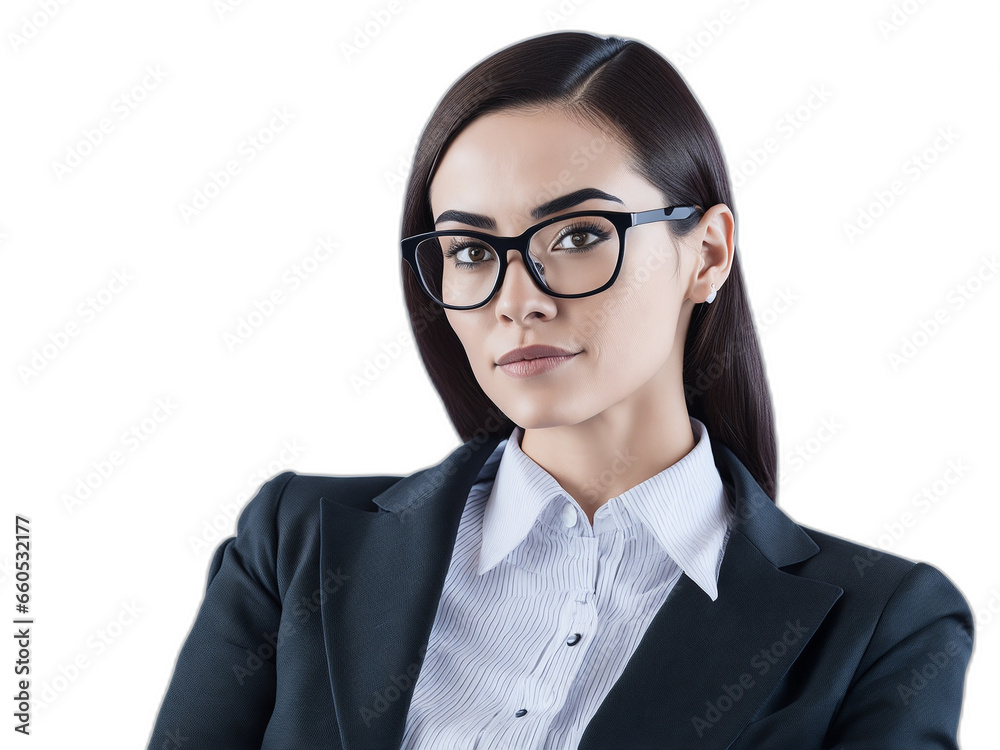 intellectual business woman wearing specs and black coat. intelligence and smart look. smart business woman looking at camara. png image.