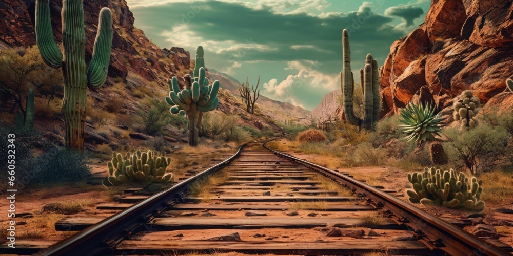 Naklejka premium Rusty Railroad Track on Western Desert. Abandoned Train Track