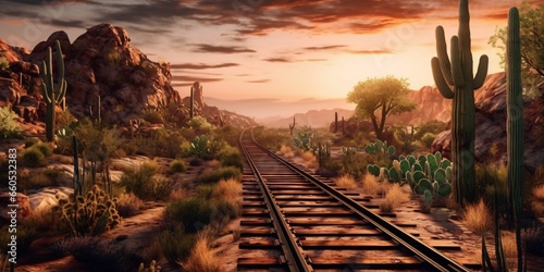 Rusty Railroad Track on Western Desert. Abandoned Train Track