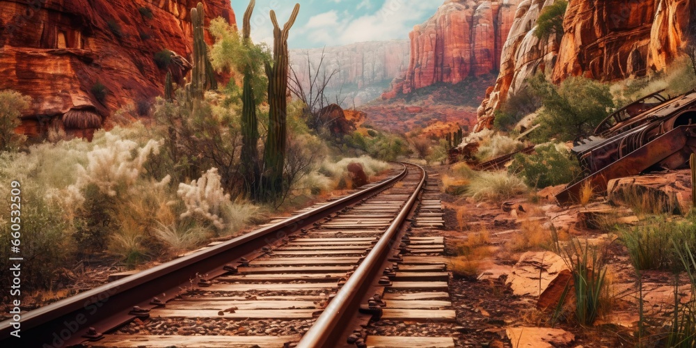 Naklejka premium Rusty Railroad Track on Western Desert. Abandoned Train Track