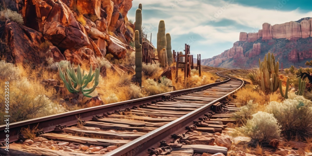 Naklejka premium Rusty Railroad Track on Western Desert. Abandoned Train Track
