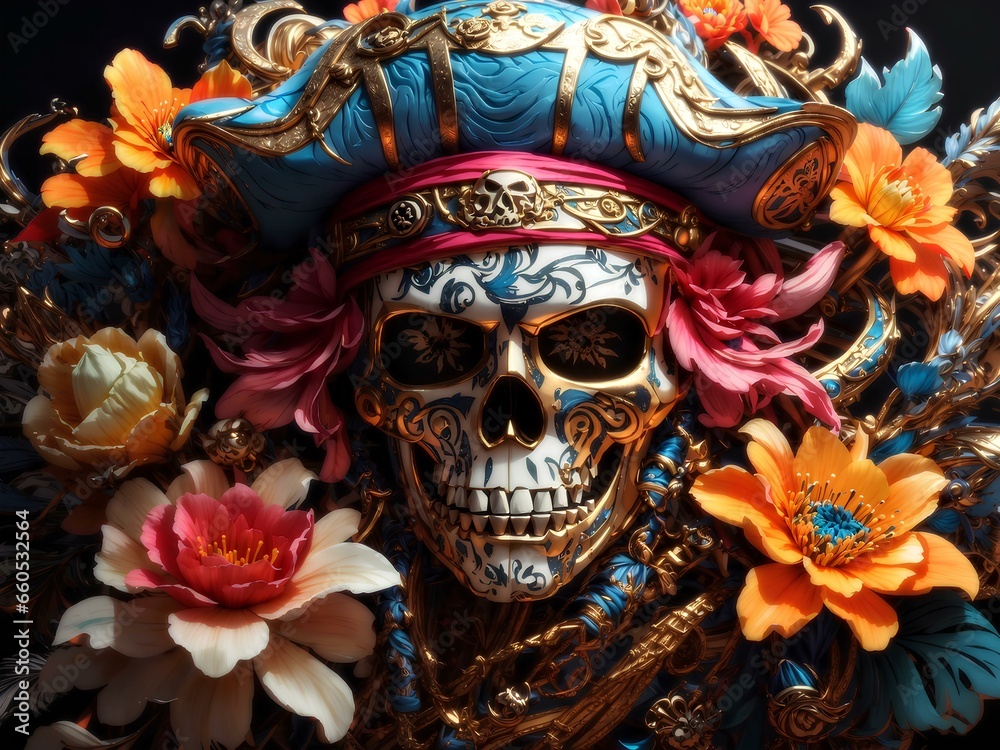 beautiful pirate skull with flowers and attractive light and details 