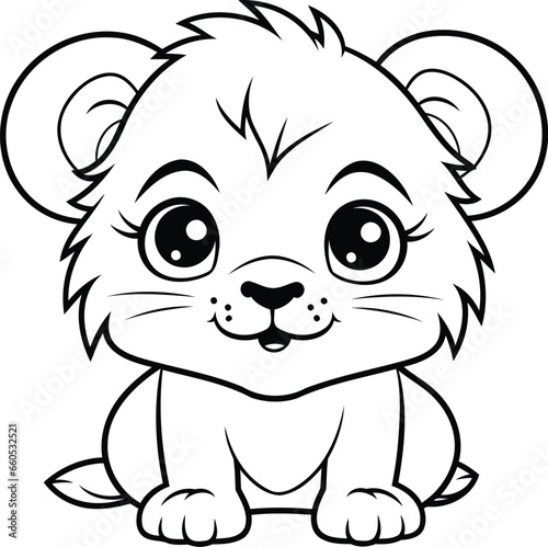 Black and White Cartoon Illustration of Cute Little Lion Animal Character Coloring Book