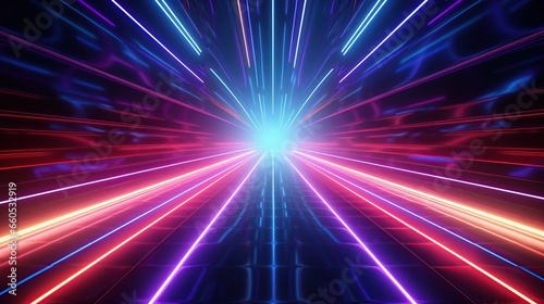 Neon Blue pink violet stage lighting illuminated  lens flare effect  shining star rays.AI generated