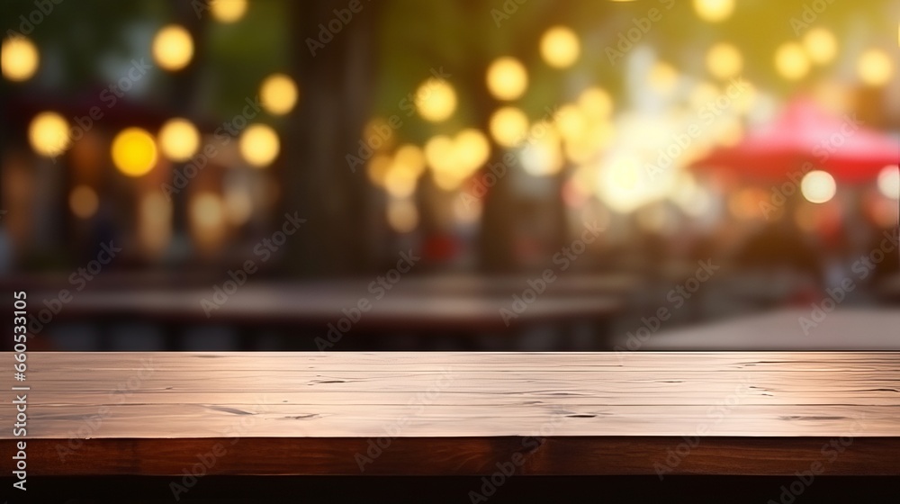 Rustic Wooden Table with Abstract Blurred Bokeh Light