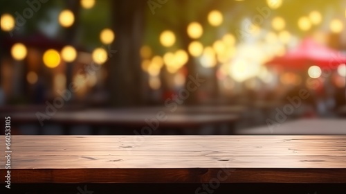 Rustic Wooden Table with Abstract Blurred Bokeh Light