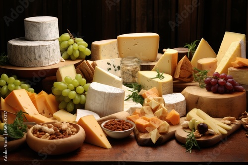 large assortment of international cheese specialities on black background