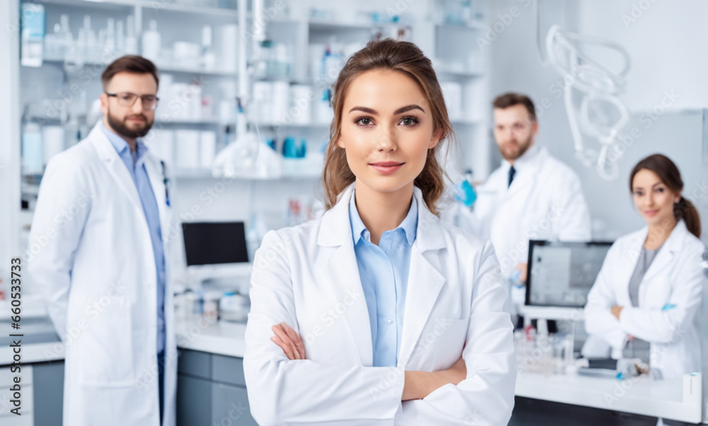 a young girl in a white coat stands against the background of a laboratory with her fellow scientists. the background is blurred. The concept of a scientific medical or chemical laboratory a young girl in a white coat stands against the background of a laboratory with her fellow scientists. the background is blurred. The concept of a scientific medical or chemical laboratory