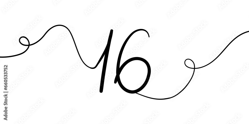 Number 16 line art drawing on white background. 16th birthday continuous drawing contour. Minimal vector illustration