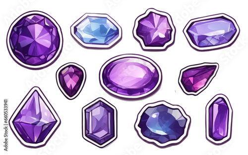 a set of blue and purple hand-drawn cartoon gems isolated on a transparent background