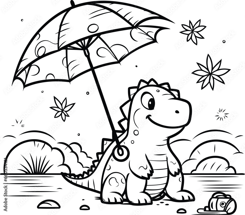 Cute Dinosaur with Umbrella. Vector illustration for coloring book.
