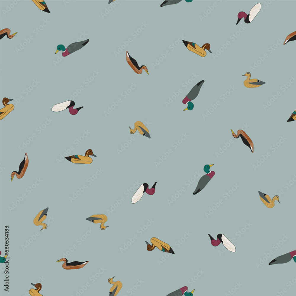 Fototapeta premium This Soft Teal Blue Background Features a Ditsy Pattern of Vintage Duck Decoys Scattered across it Creating a Vector Seamless Repeat Pattern Design