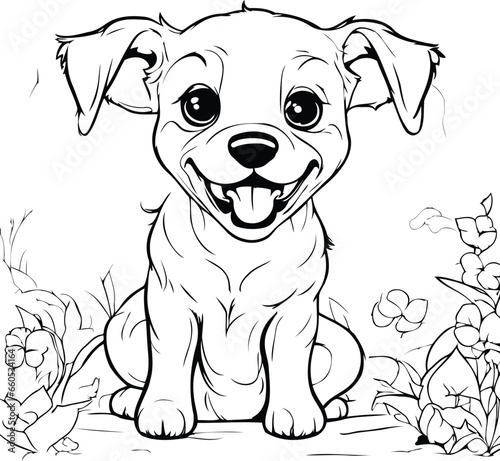 Black and white vector illustration of cute dog sitting in the grass.