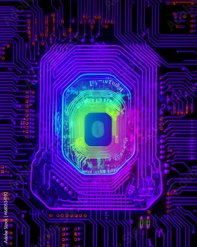 A circuit board with a fingerprint sensor and colorful LED lights, cybersecurity concept, Created with Generative AI Technology