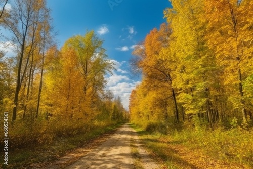 Road trip through the fall forest. Vibrant autumn colors showcase the lively landscape on a sunny day. Generative AI