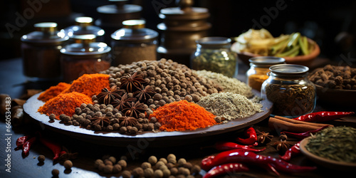 Spices banner with different curry powders on big wooden tray on rustic table 