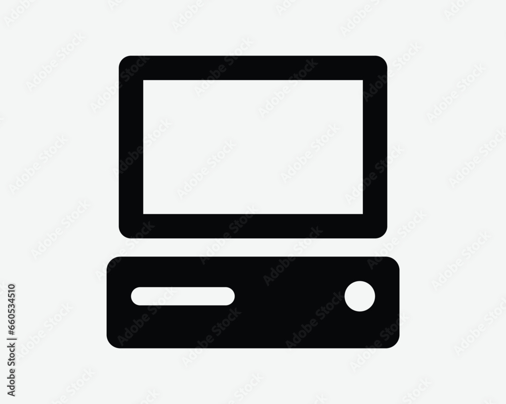 Old Computer Icon Desktop Laptop Vintage Tech Technology Equipment Monitor CPU Retro Display Black White Shape Line Outline Sign Symbol EPS Vector