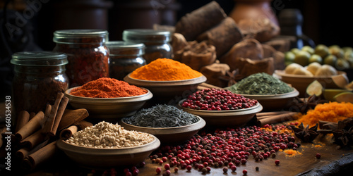 Spices banner with different curry powders in dishes and bottles near the bowls photo
