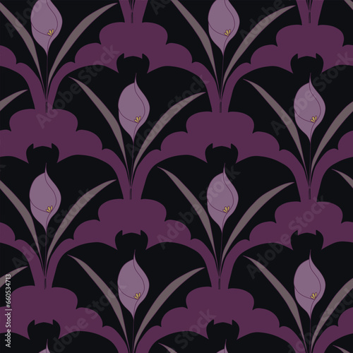 Black Bats and Lavender Calla Lilies in a Scallop Pattern on a Wine Colored Background Creating a Vector Seamless Repeat Pattern Design.