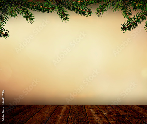Weihnachtshintergrund mit Holztisch und Tannenzweigen