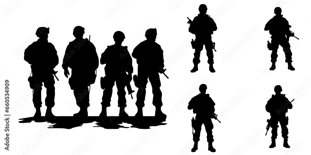 The Vector Set Collection of Army Silhouettes for War Veterans Soldiers - Vector, Transparent Background, PNG - obrazy, fototapety, plakaty 