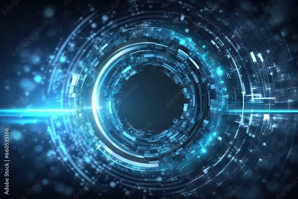 Fototapeta premium Digital universe. Exploring technology frontier. Futuristic tech network. Abstract background. Cyberspace connection. Blue tech innovation