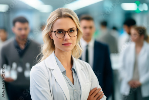 Portrait of a young blonde female professional with glasses and a face that conveys confidence and security, in the background her team and coworkers.