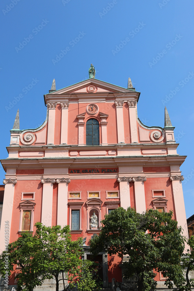 facade of Franciscan Church of the Annunciation in Ljubljana