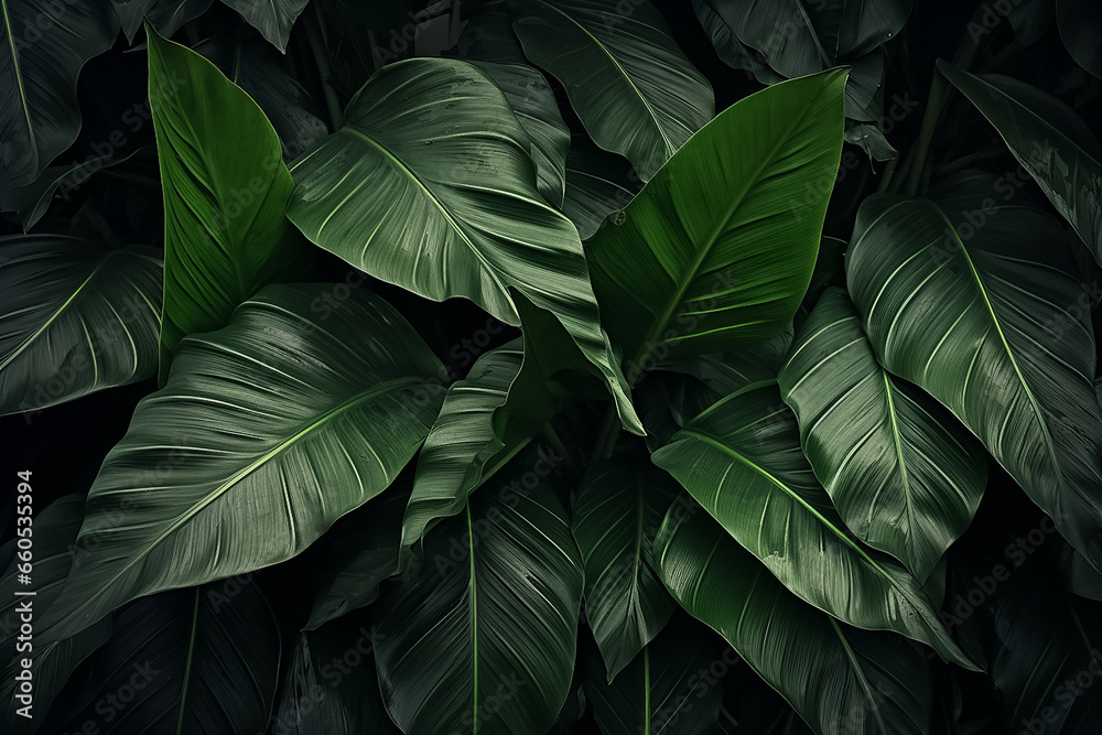 Obraz premium Background of moist dark green plants leaves in many shades under sunshine, Generative AI.