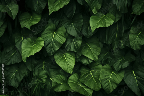 Background of moist dark green plants leaves in many shades under sunshine, Generative AI.